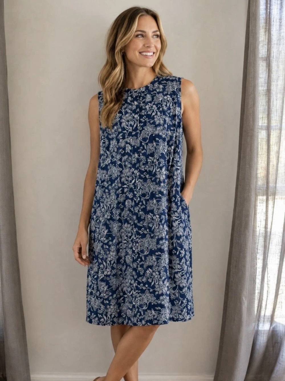 Womens J. Jill Linen XL Blue Floral Sleeveless Dress w/ pockets